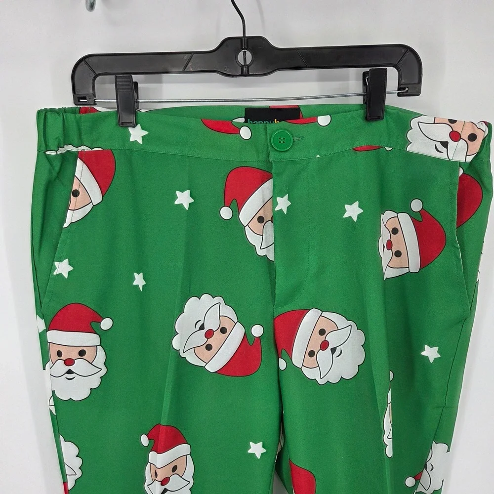 Happy Hour Men's Green Santa Print Suit Set Blazer Pants & Tie Christmas